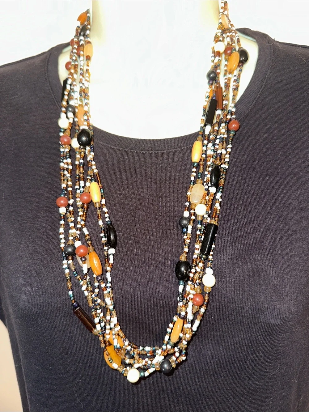 Boho Multi-Strand Beaded Necklace in Black and Amber
